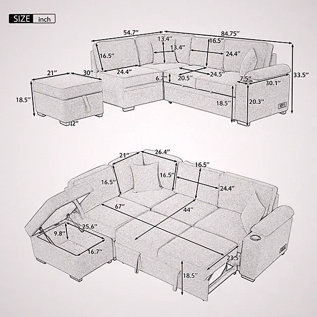 L-Shaped Pull Out Sleeper Sectional Sofa Bed with Storage Ottoman Velvet Black