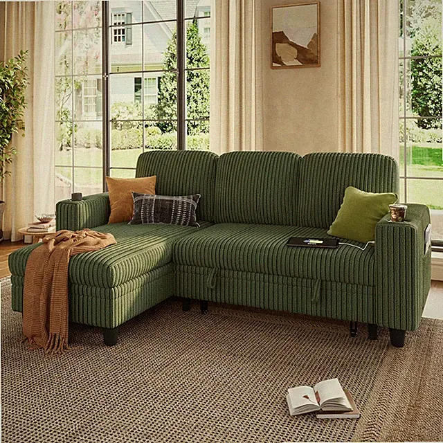 L-Shaped Pull Out Sleeper Sofa with Storage & USB, Green Corduroy Couch