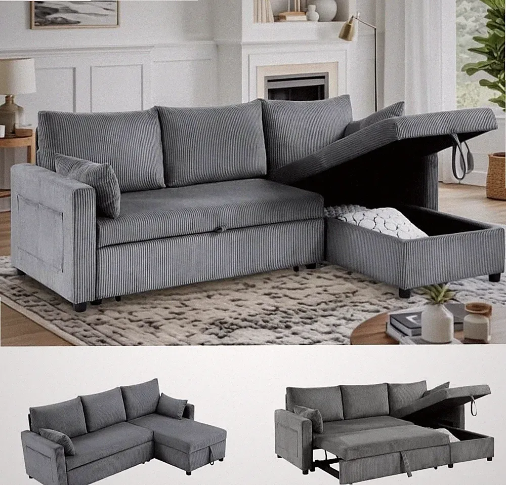 L-Shaped Queen Sleeper Sofa Bed with Storage - 85 Inch Grey Sectional Couch