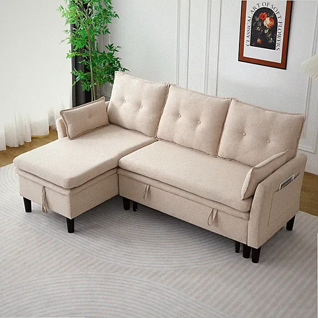 L-Shaped Reversible Chaise Sectional Sofa with Storage - Cotton-Linen, Beige