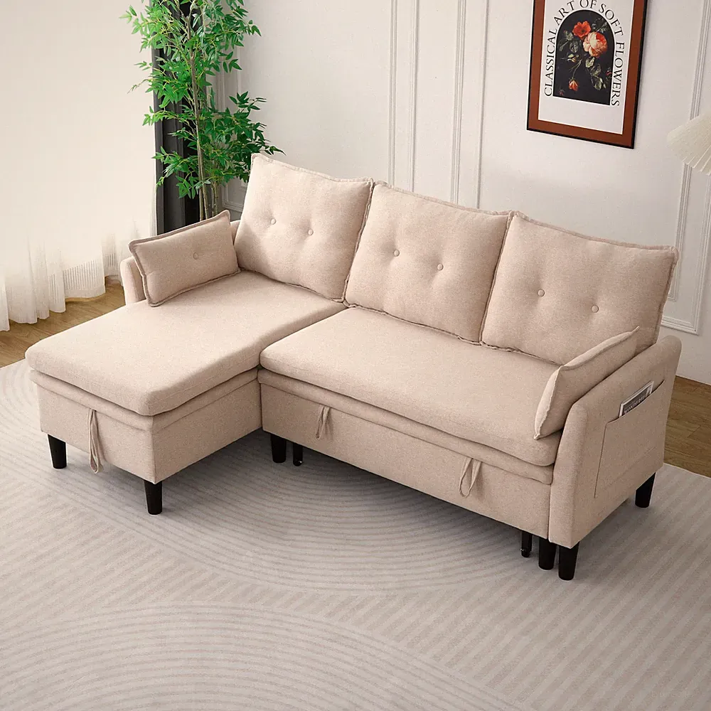 L-Shaped Reversible Chaise Sectional Sofa with Storage - Cotton-Linen, Beige, O