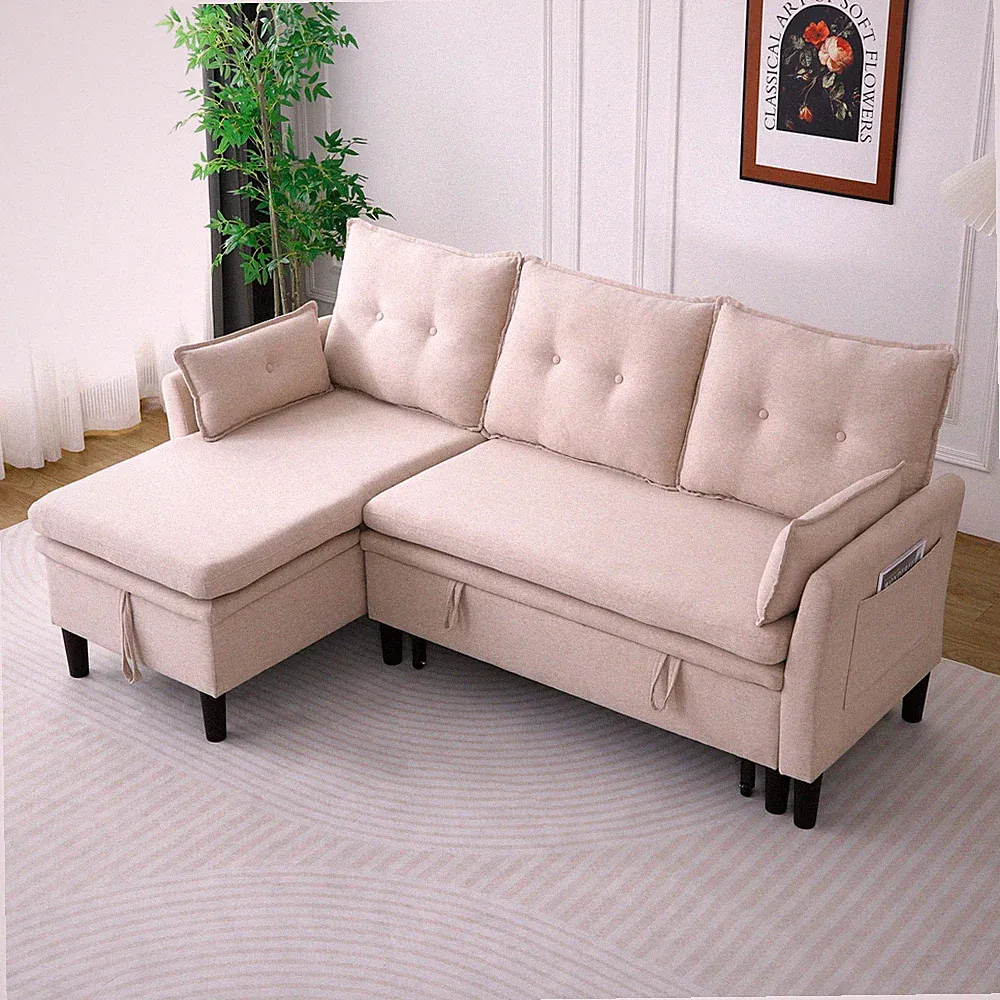 L-Shaped Reversible Chaise Sectional Sofa with Storage - Cotton-Linen, Beige, Of