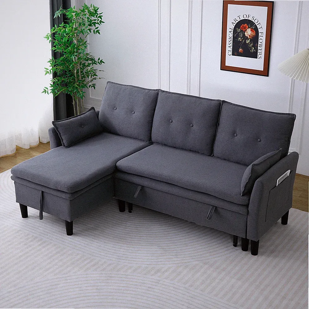 L-Shaped Reversible Chaise Sectional Sofa with Storage - Cotton-Linen,dark grey