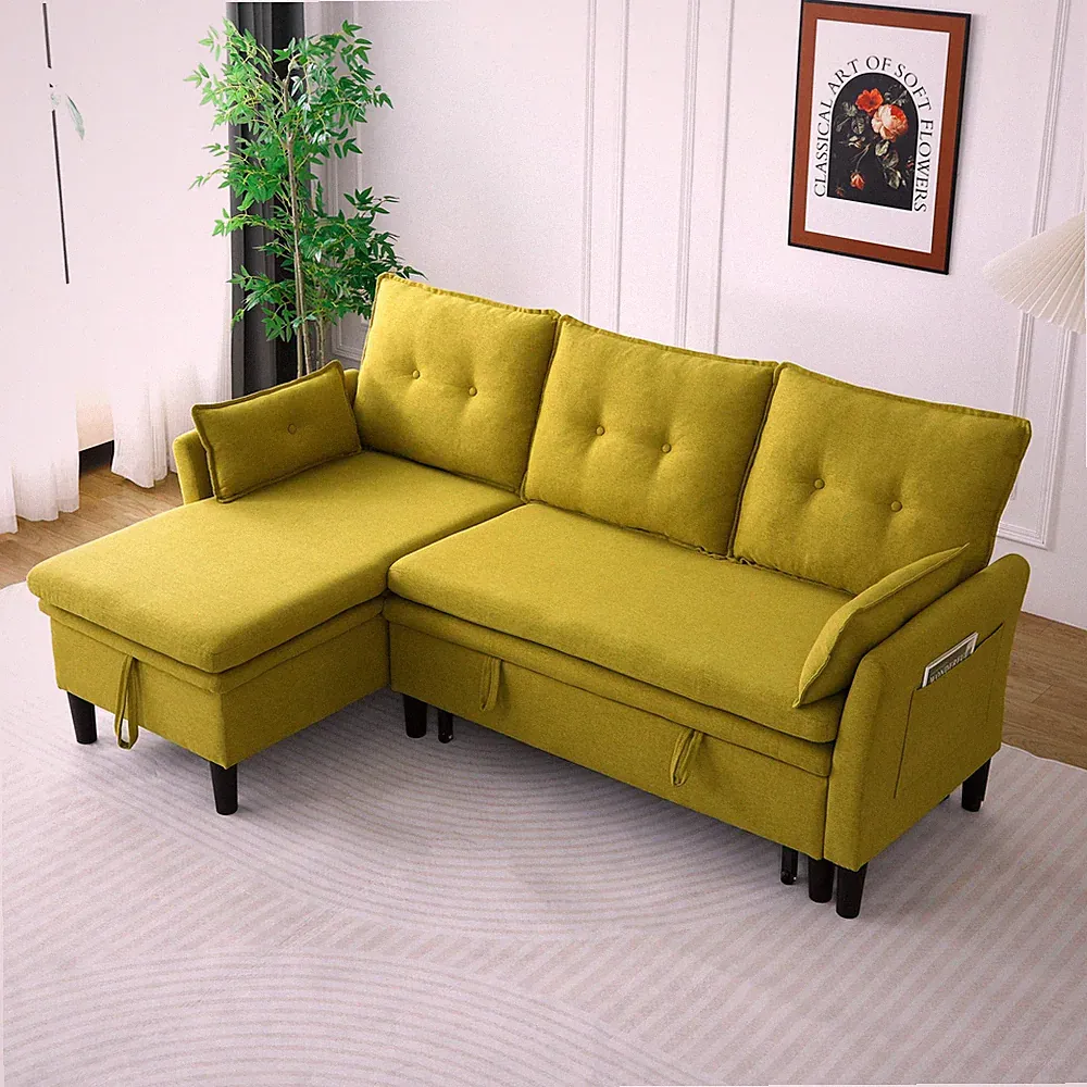 L-Shaped Reversible Chaise Sectional Sofa with Storage - Cotton-Linen, Green, Of