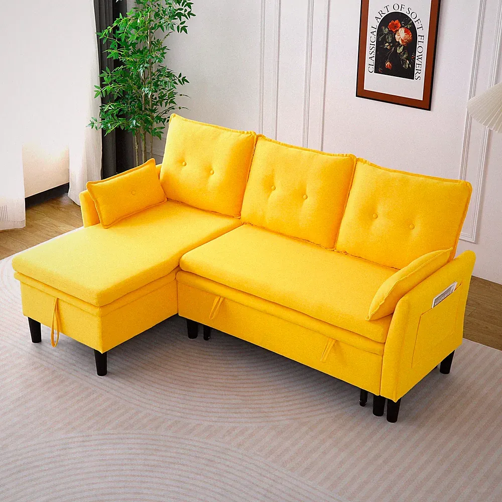L-Shaped Reversible Chaise Sectional Sofa with Storage - Cotton-Linen, Yellow