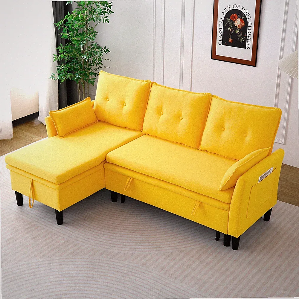 L-Shaped Reversible Chaise Sectional Sofa with Storage - Cotton-Linen, Yellow, O