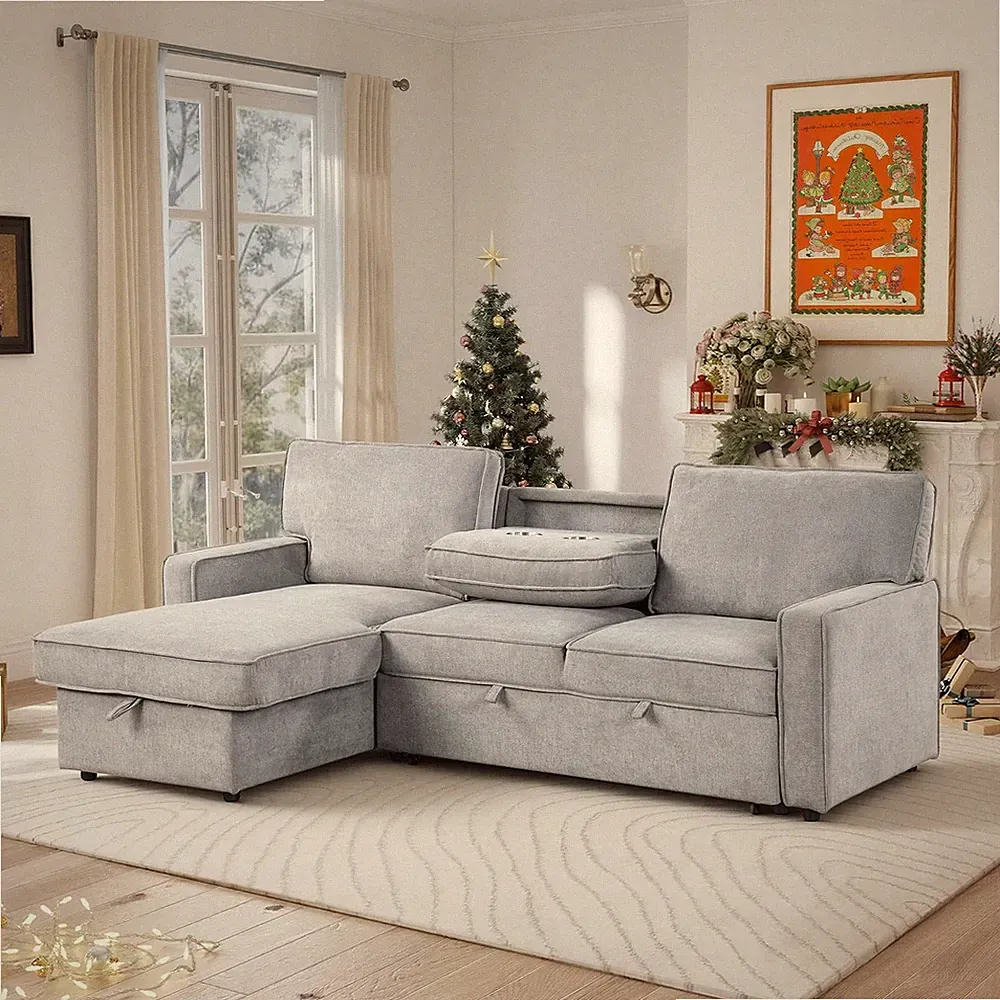 L-Shaped Reversible Chenille Sofa Bed with Cup Holders & USB Ports