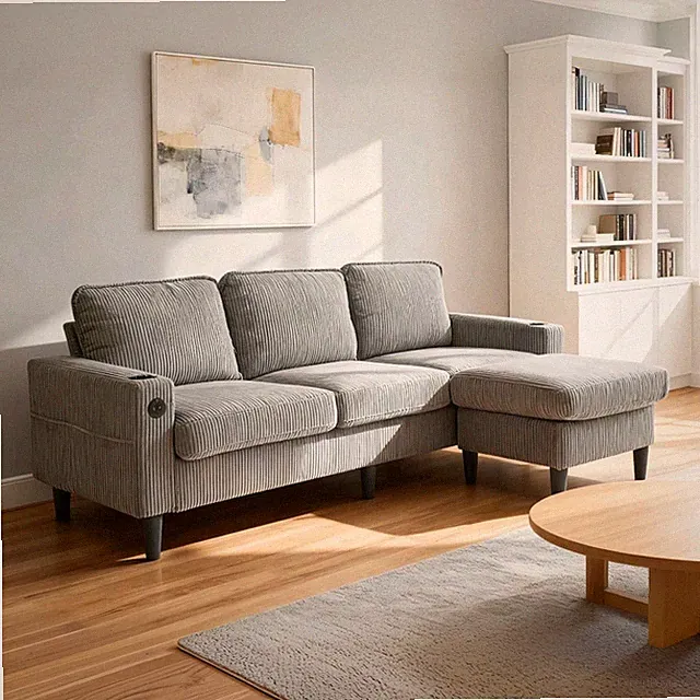 L-Shaped Sectional 3-Seat Sofa with Storage Ottoman and USB Port and Cup Holders