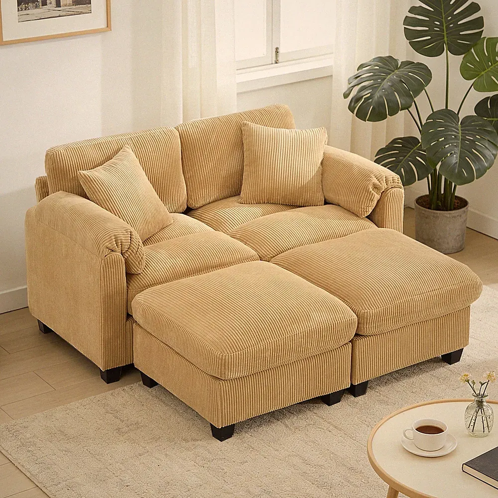 L Shaped Sectional Cloud Couch Corduroy Modular Sofa Set w/Chaise&Throw Pillows