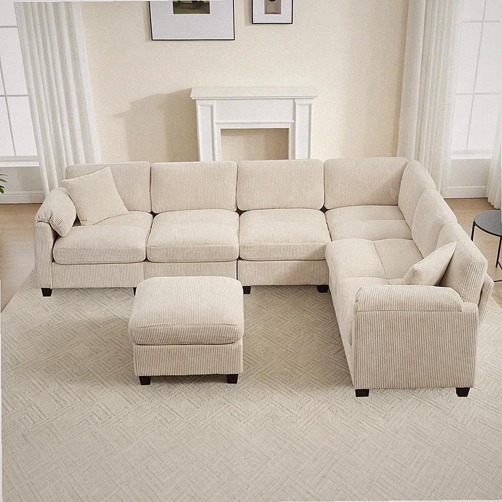 L Shaped Sectional Cloud Couch Corduroy Modular Sofa Set w/Chaise&Throw Pillows