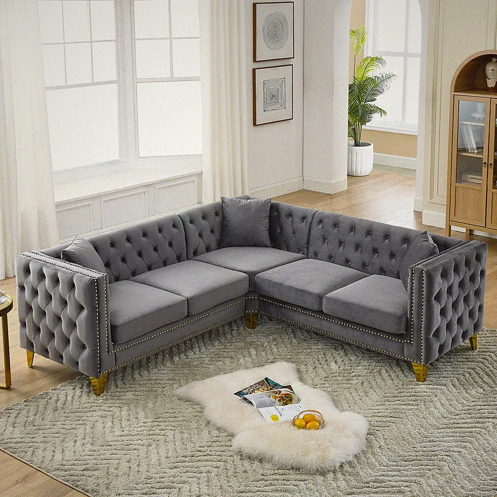 L-Shaped Sectional Couch, 5-Seater Corner Sofa 82.2" Velvet Sofa for Living Room