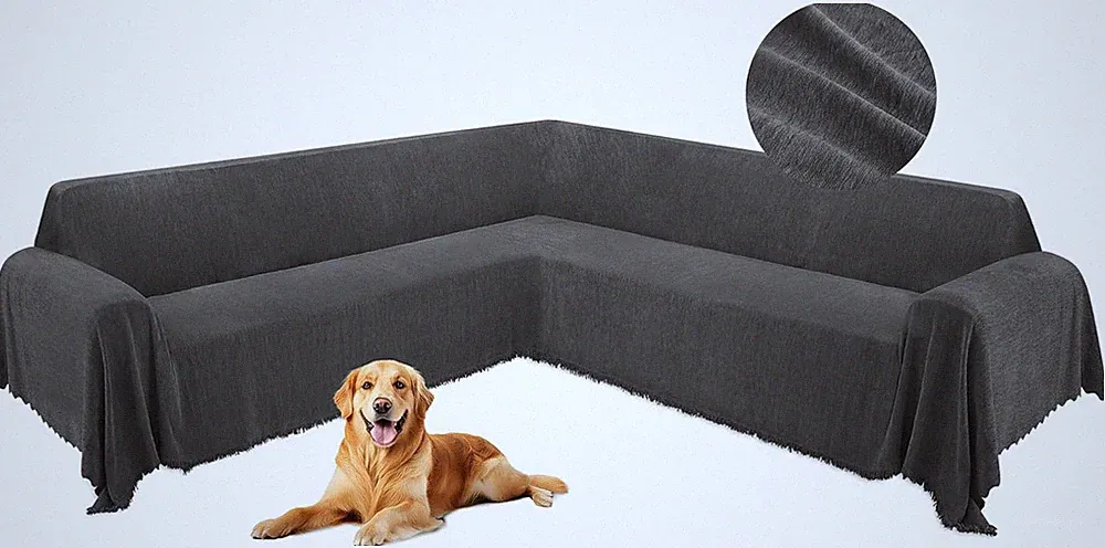 L-Shaped Sectional Couch Cover for Dogs - Soft, Washable, Non-Slip, Dark Gray