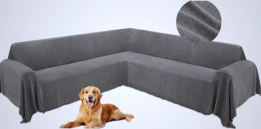 L-Shaped Sectional Couch Cover for Dogs, Soft Washable Protector with Tassels