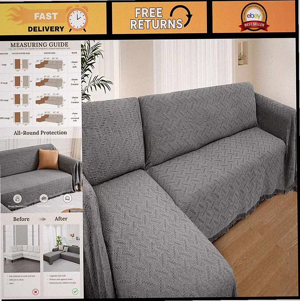 L-Shaped Sectional Couch Covers 2-Piece Set, Washable Sofa Protector for Pets, D