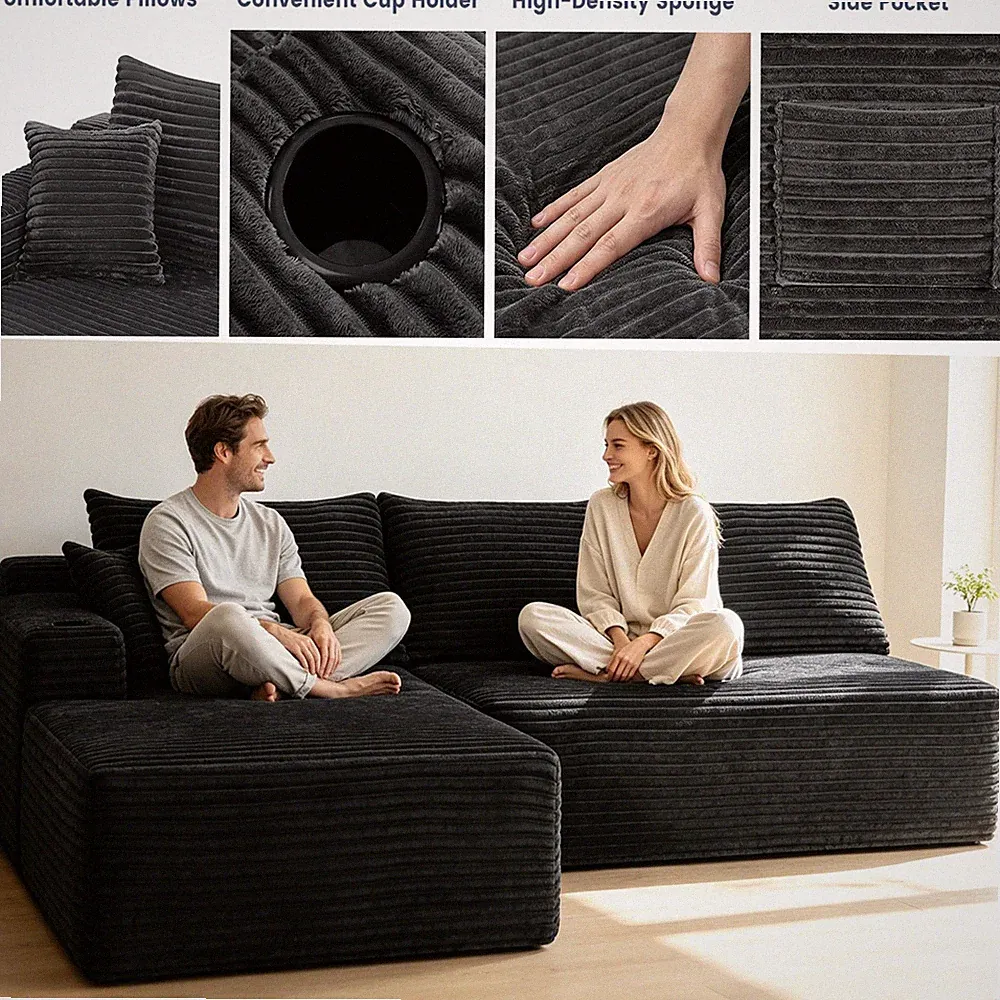 L-Shaped Sectional Couch Sofa with Plush Corduroy Fabric Deep Seat Modular Sofa