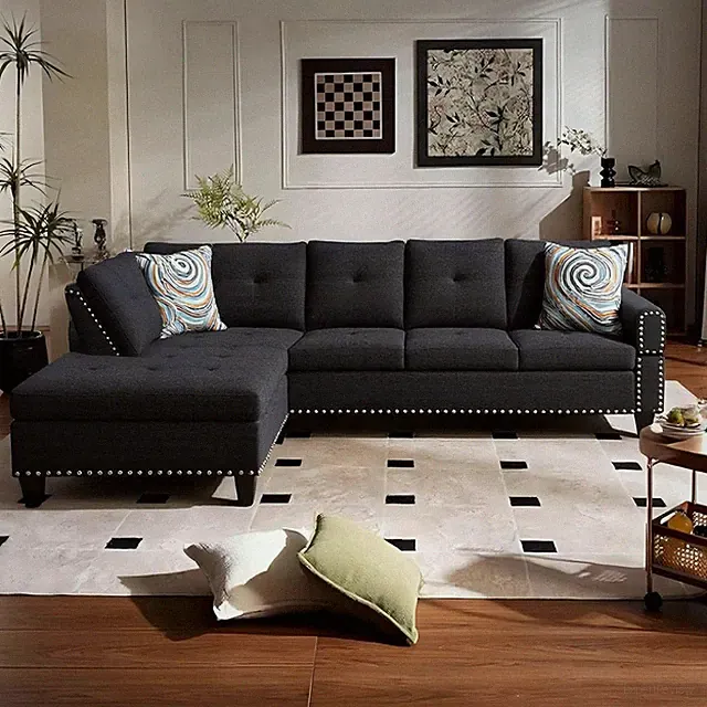 L-Shaped Sectional Couch with Chaise & Cup Holders for Living Room, Black Grey