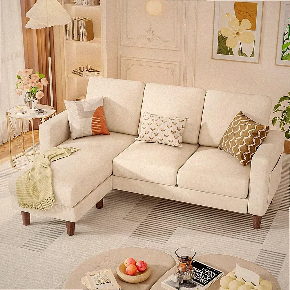 L Shaped Sectional Couch with Movable Ottoman, 3-Seater Convertible Sofa with Si