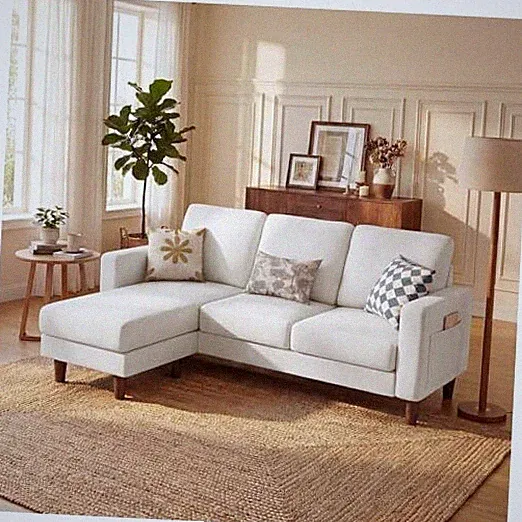 L-Shaped Sectional Couch with Movable Ottoman, Small 3 Seat Beige Linen Fabric