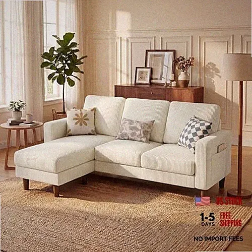 L-Shaped Sectional Couch with Movable Ottoman, Small 3 Seat Cream Corduroy