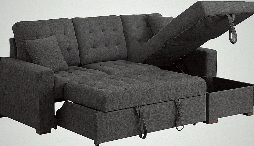 L-Shaped Sectional Couch with Storage Chaise & Pull-Out Sleeper Bed, Dark Gray