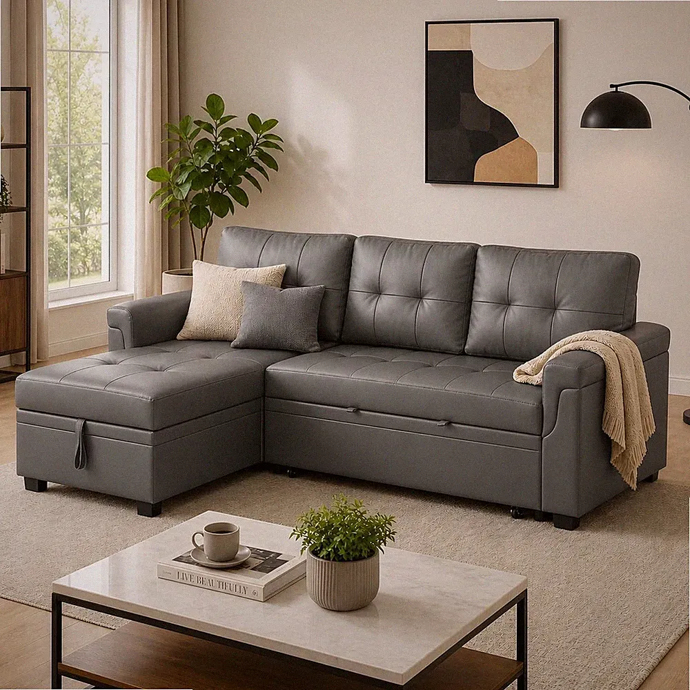 L Shaped Sectional Couch with Storage & Pull Out Bed – 3-in-1 Convertible