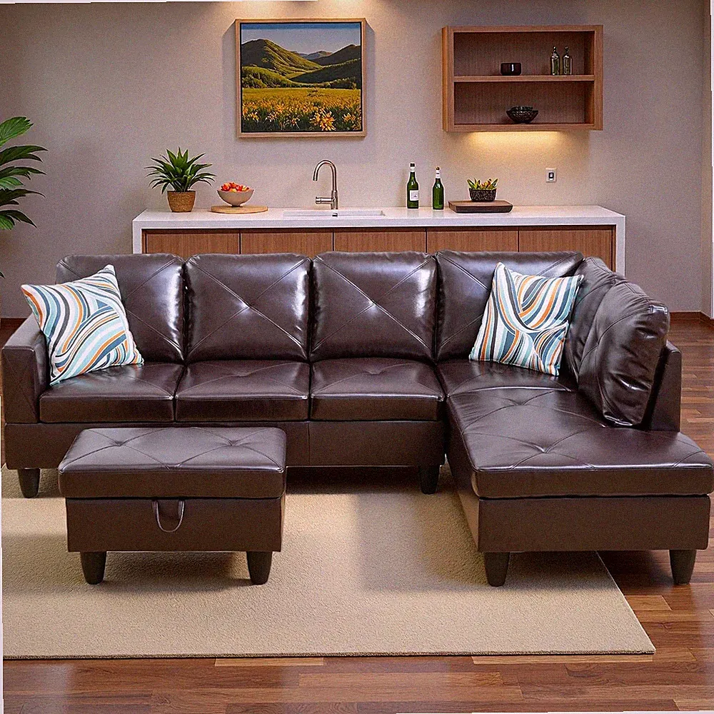 L Shaped Sectional Couches for Living Room with Movable Chaise & Storage Ottoman
