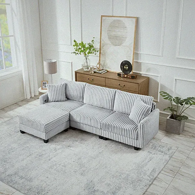 L-Shaped Sectional Modular Sofa 3 Seat Modern Fabric w/ Ottoman for Living Room