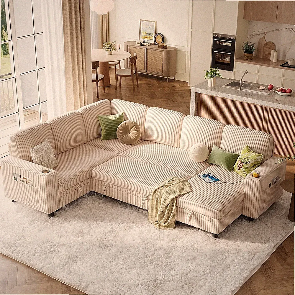 L Shaped Sectional Pull Out Couch, 6 Seats Corduroy Sleeper Sofa with Storage Ch