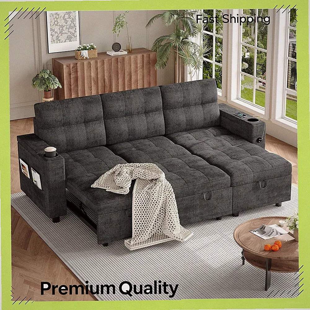 L‑Shaped Sectional Sleeper 84" Sofa Bed Reversible Storage Chaise USB Dark Grey