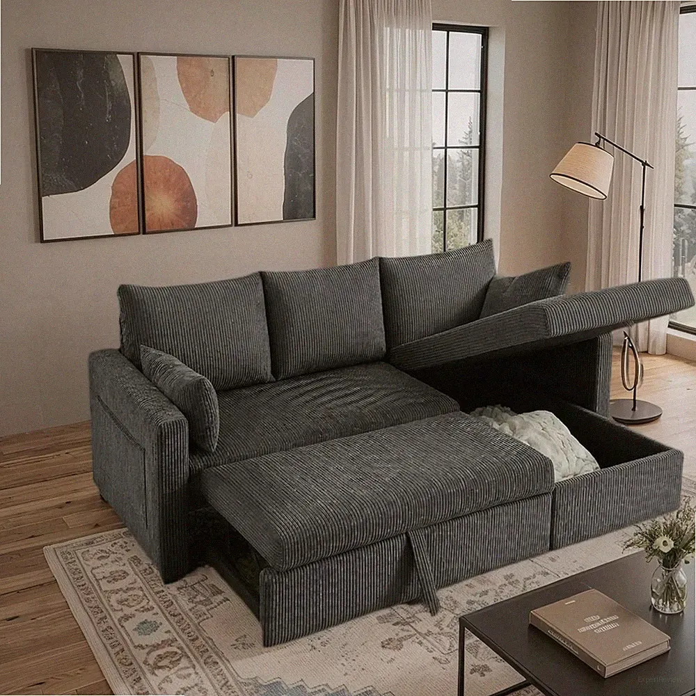 L Shaped Sectional Sleeper Sofa, 3 Seat Sectional Queen Sleeper Couch, Pull Out