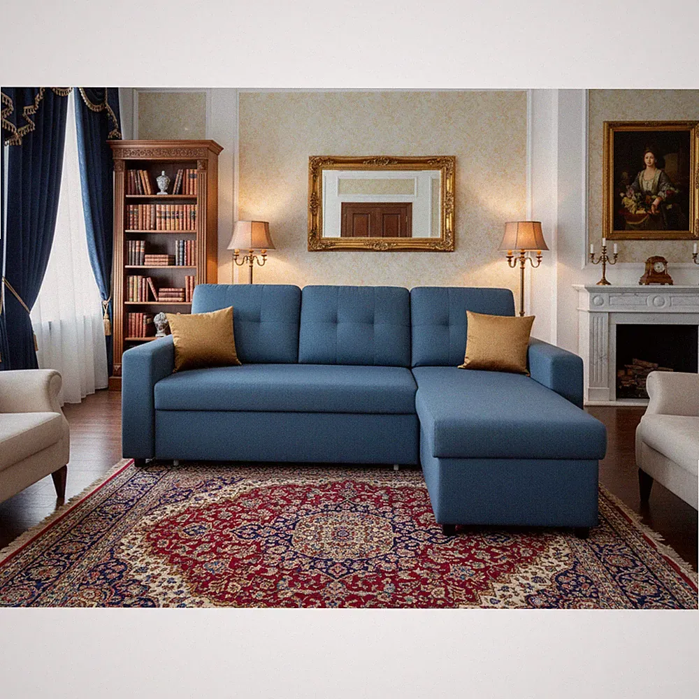L-Shaped Sectional Sleeper Sofa Bed Pull Out Couch, Blue, 79.92" L
