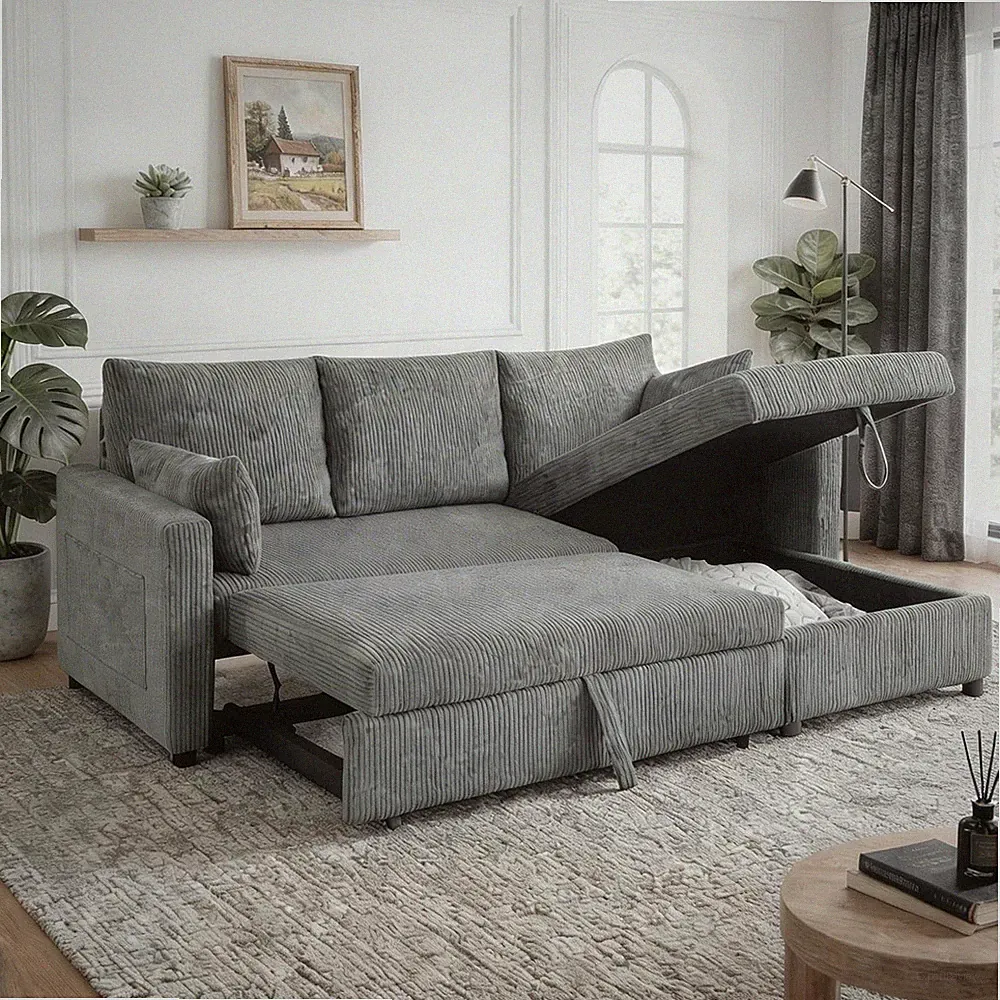 L-Shaped Sectional Sleeper Sofa Bed with Storage Chaise, Gray, 85