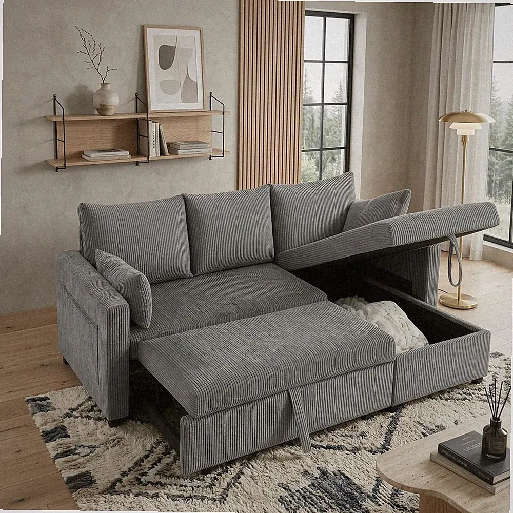 L-Shaped Sectional Sleeper Sofa Bed with Storage Chaise, Gray, 85
