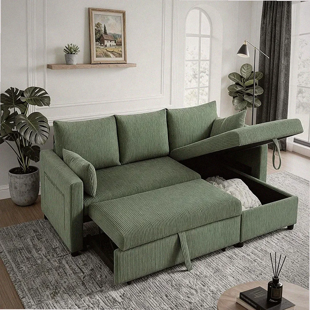 L-Shaped Sectional Sleeper Sofa Bed with Storage Chaise, Green 85