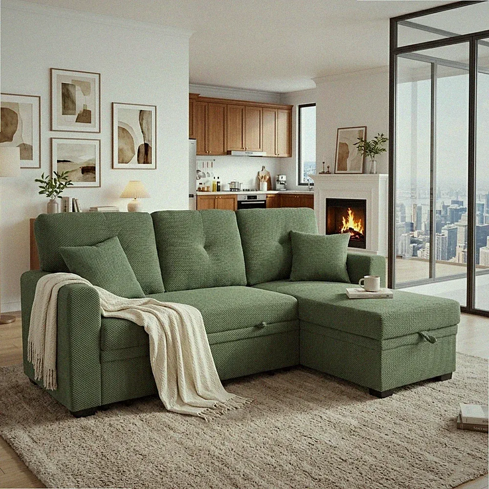 L Shaped Sectional Sleeper Sofa Polyester w/ Pull Out Bed Storage for Apartment