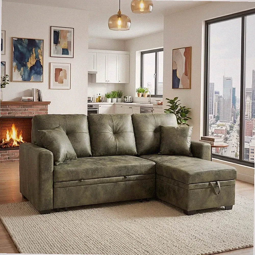 L-Shaped Sectional Sleeper Sofa, Pull-Out Bed, Reversible Chaise, Storage
