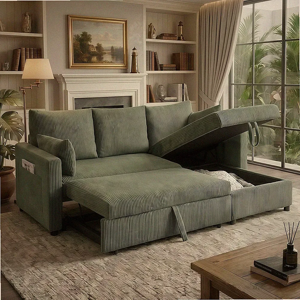 L-Shaped Sectional Sleeper Sofa with Pull Out Bed & Storage Chaise, Green