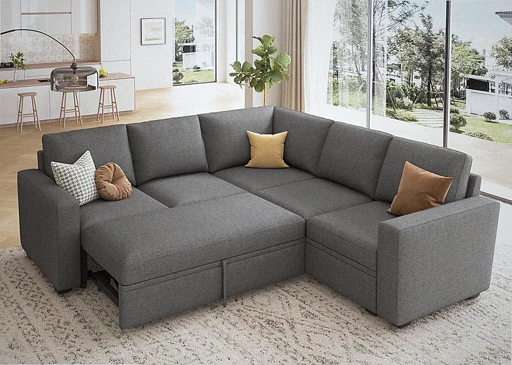 L-Shaped Sectional Sleeper Sofa with Storage, Dark Grey Modular Couch