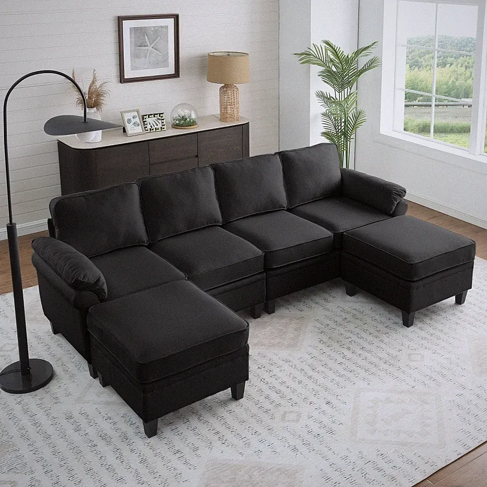 L-Shaped Sectional Sofa 102" Linen Black w/ Storage Ottoman & Modular Design