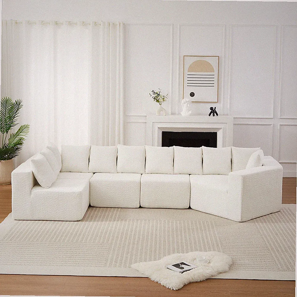 L-Shaped Sectional Sofa 151.6" Chenille Fabric 11 Pillows Chaise Beige