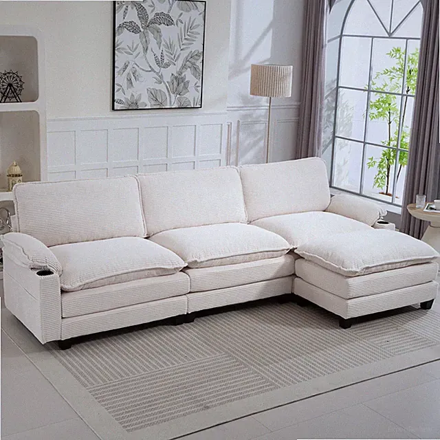 L-Shaped Sectional Sofa 3-Seat Modern Fabric with Movable Ottoman & Cup Holders