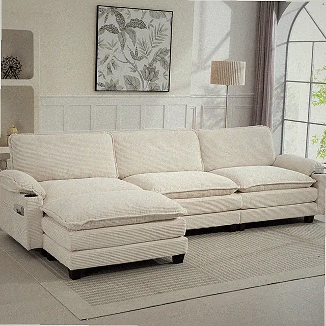 L-Shaped Sectional Sofa 3-Seat Modern Fabric w/ Movable Ottoman & Cup Holders