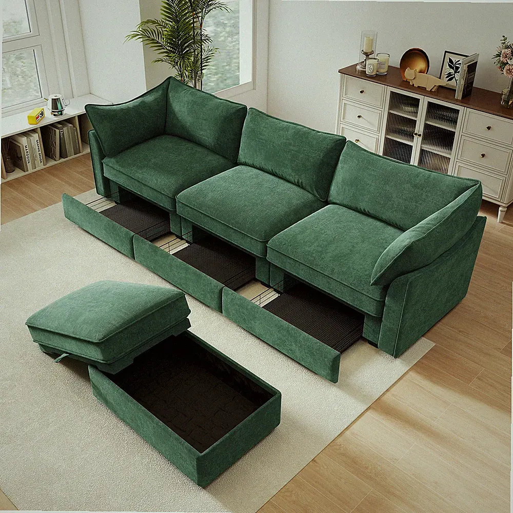 L-Shaped Sectional Sofa 3-Seat with Storage Ottoman in Green Chenille Fabric