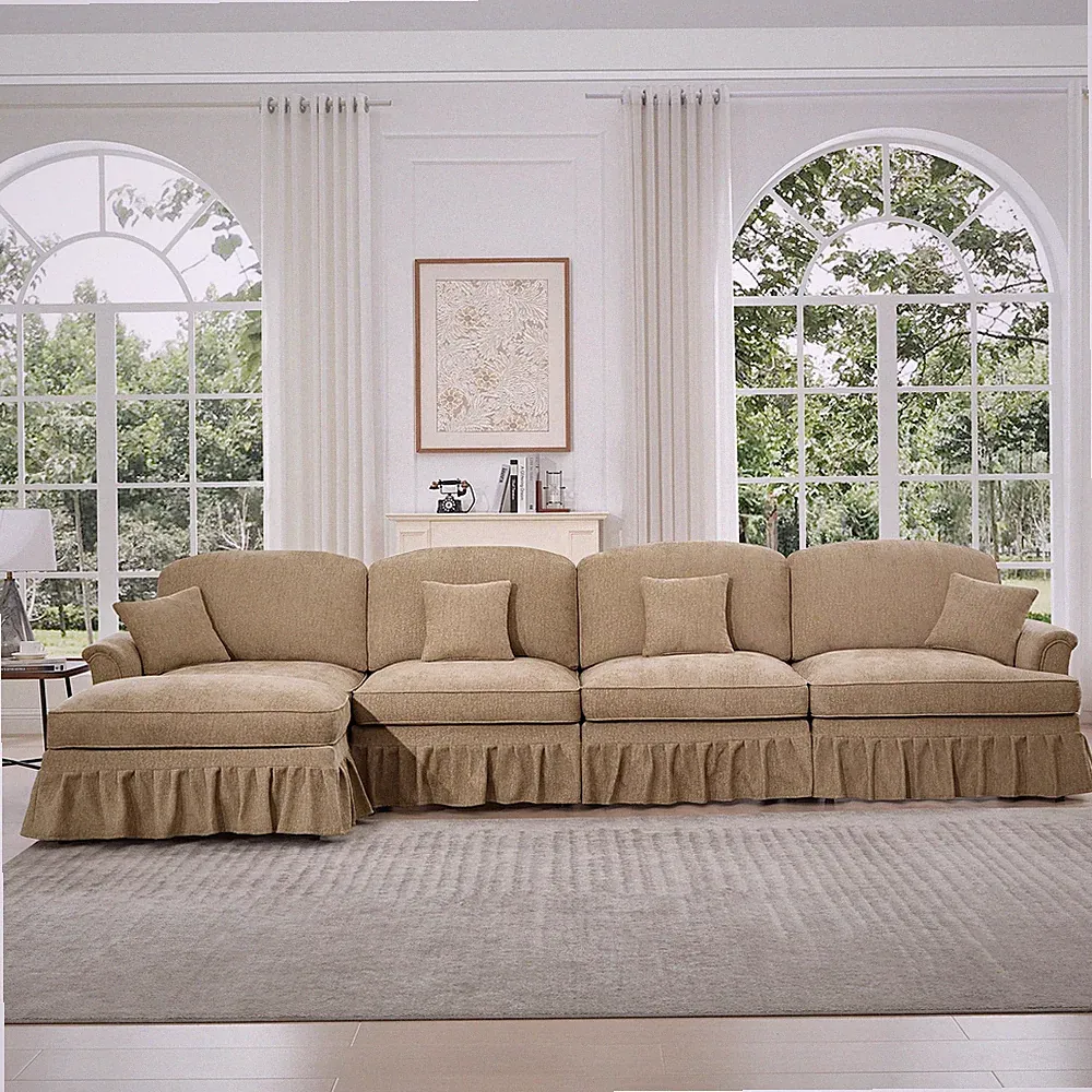 L-Shaped Sectional Sofa 4-Seat Chenille Light Brown w/ Ottoman