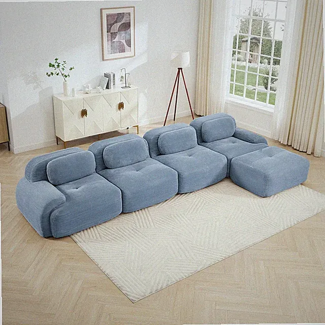 L-Shaped Sectional Sofa 4-Seat Corduroy Fabric, No Assembly Required, Blue