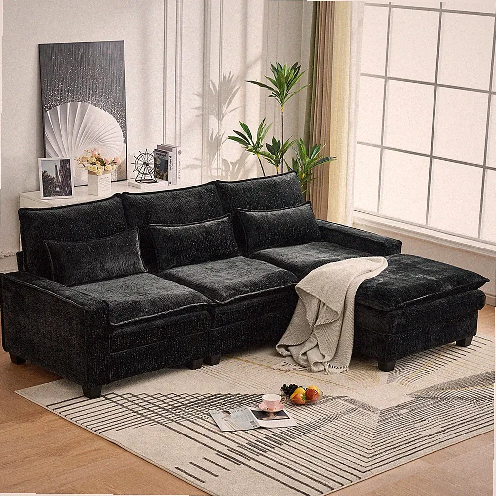 L-Shaped Sectional Sofa 4-Seat with Ottoman, 99" Black Chenille Modern