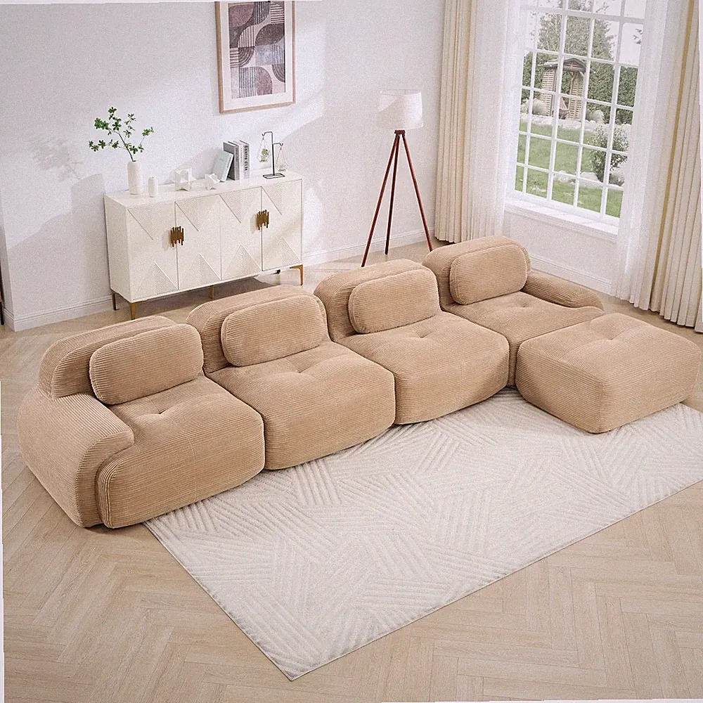 L-Shaped Sectional Sofa, 4-Seater Modular, Corduroy Fabric, Curved Arms