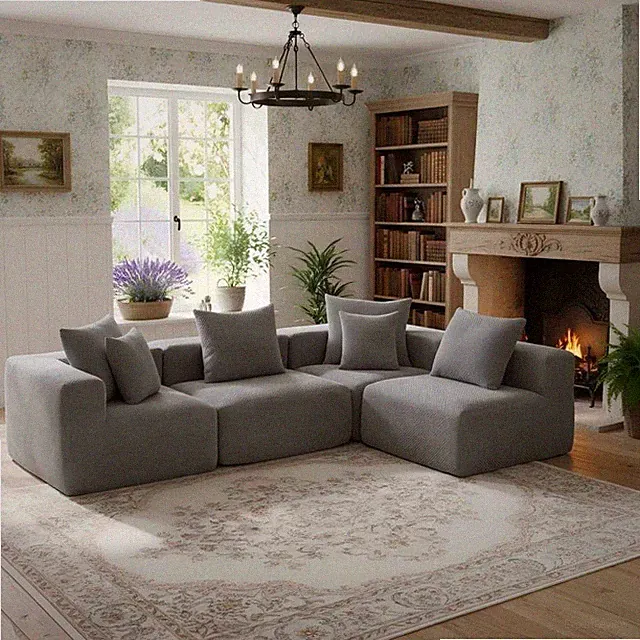 L-Shaped Sectional Sofa 5 Pillows, Deep Seating, Plush Chenille Fabric