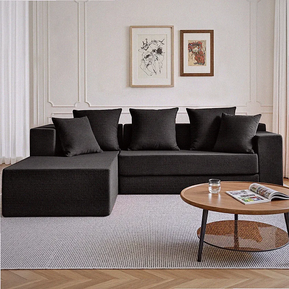L-Shaped Sectional Sofa Bed 4-in-1 Convertible Corduroy Black