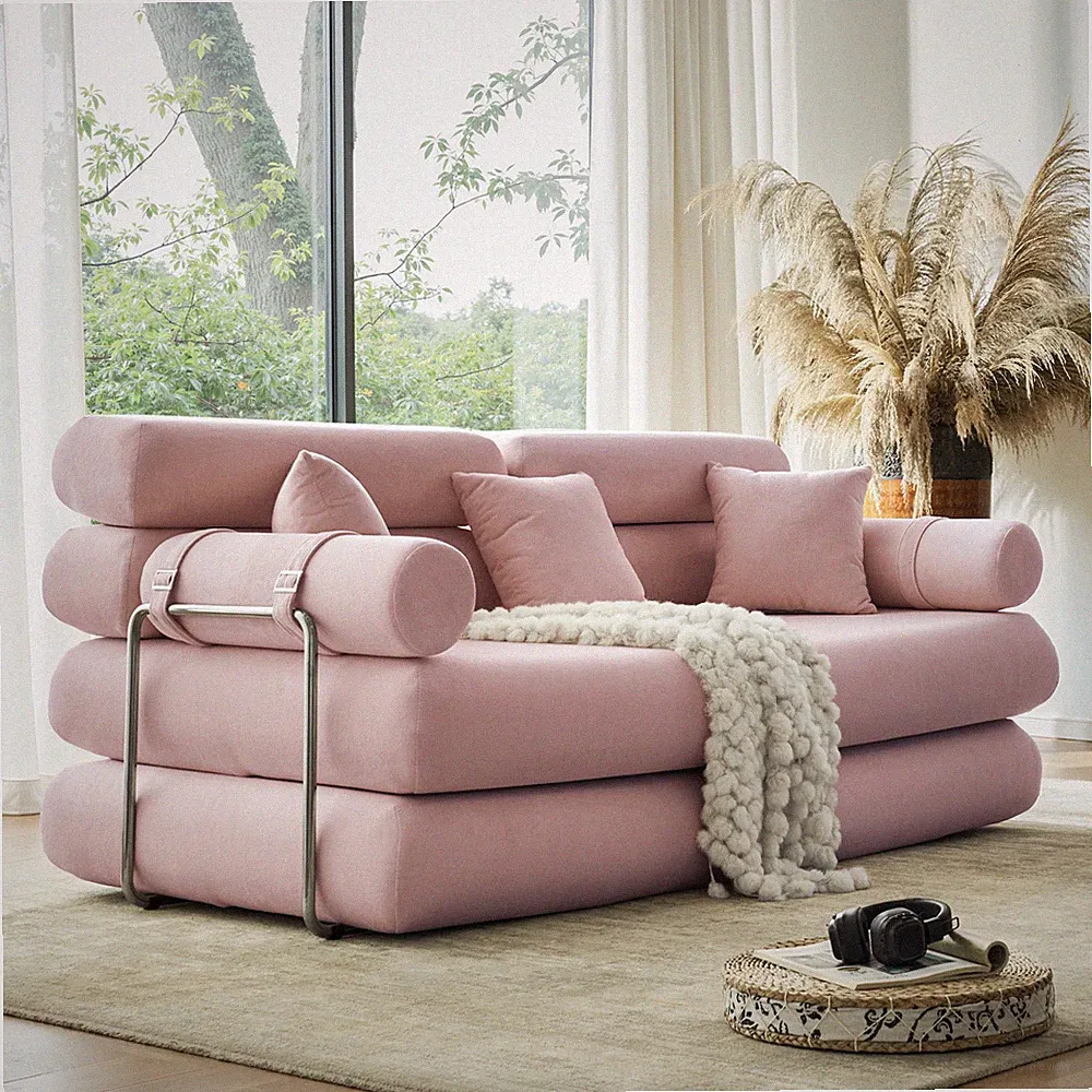 L-Shaped Sectional Sofa Bed, Pink Chenille Pet-Friendly Fabric, 4-Layer Foam